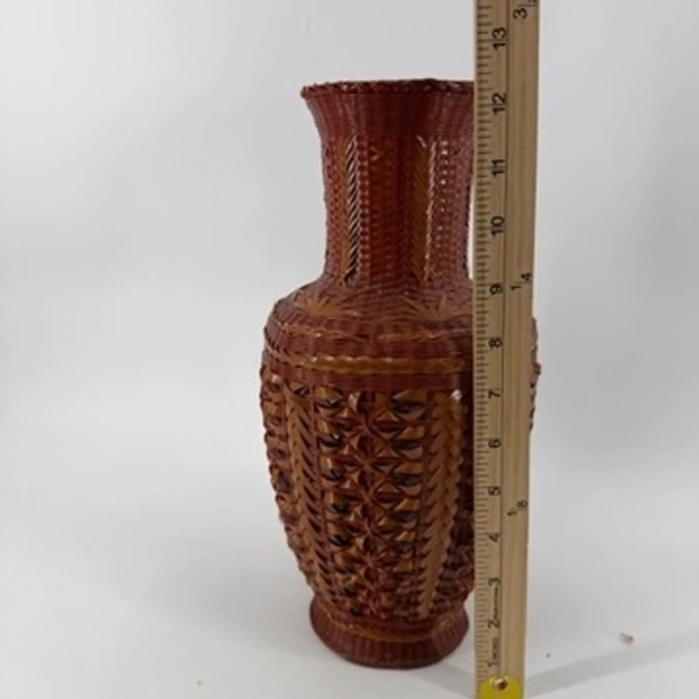 Vintage Hand Woven Bamboo and Porcelain Shanghai Vase Red Brown 12.5 Inch